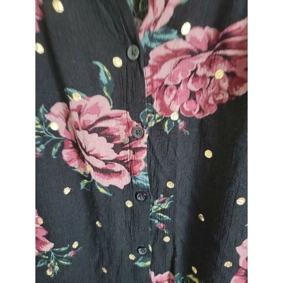 Torrid 1 Tunic Blouse Size 1 Black Pink Floral Button Front Gold Dots 1X 18/20 - Picture 4 of 9